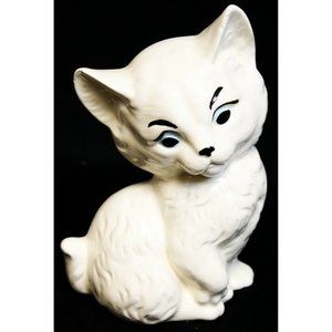 VTG 1992 Hand Paint White Ceramic Kitten Cat Sitting Blue Eyes Long Hair Persian